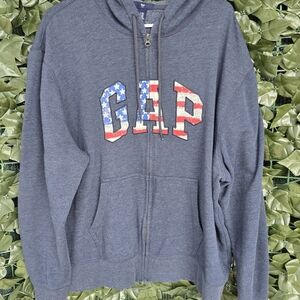 GAP Men's Navy Zip-Up Hoodie with American Flag Logo